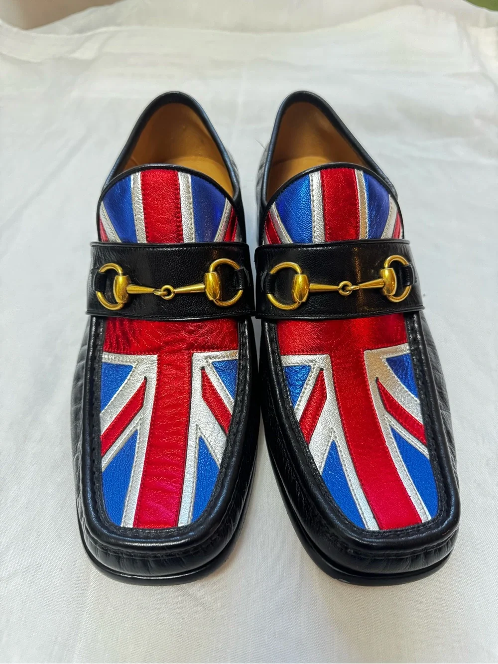 Gucci Black Leather Loafers with Red & Blue Union Jack Detail